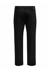Svarta denimbyxor med rak benpassform, som har två bakfickor, en etikett i midjan och en mjuk textur.