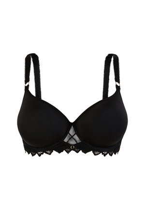 Soutien-gorge noir avec des coques lisses, bordure en dentelle en bas et bretelles ajustables. Comprend un panneau en tulle et un anneau doré décoratif au centre.