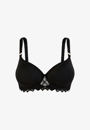 Zwarte beha met gladde cups, kantafwerking aan de onderkant en verstelbare bandjes. Bevat een gaaspaneel en een decoratieve gouden ring in het midden.