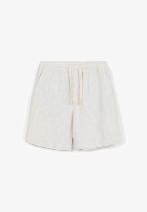 Weiße, strukturierte Shorts mit Kordelzug, elastischem Bund und seitlichen Taschen auf einem weißen Hintergrund.