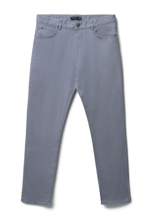 Pantaloni in denim grigio chiaro con vestibilità dritta, cinque tasche e chiusura con bottone. Il tessuto ha una consistenza liscia.