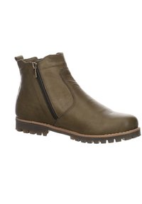 Dunkelolivgrüne Leder-Ankle-Boots mit seitlichem Reißverschluss, robustem Profil und minimalen Nähten. Mit einer abgerundeten Zehenpartie und strukturierter Oberfläche.
