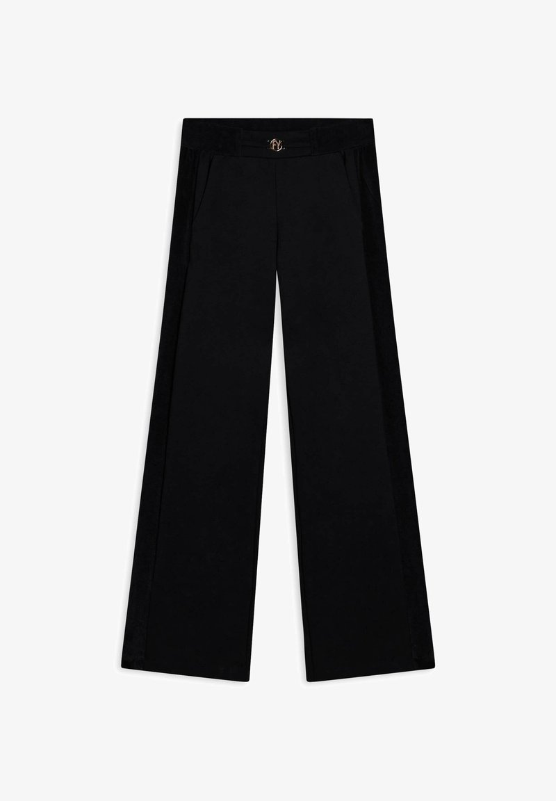 Pantalons larges noirs avec une taille plate, des poches latérales et un accent doré à la taille. Tissu texturé avec une finition douce.