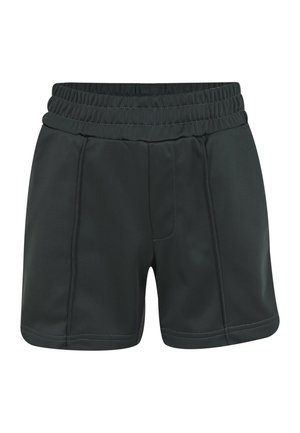Mørkegrønne treningsshorts med elastisk midjebånd, glatt tekstur og sømdetaljer på sidene.