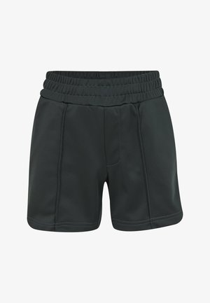 Shorts de sport vert foncé avec une taille élastique, une texture lisse et des coutures sur les côtés.
