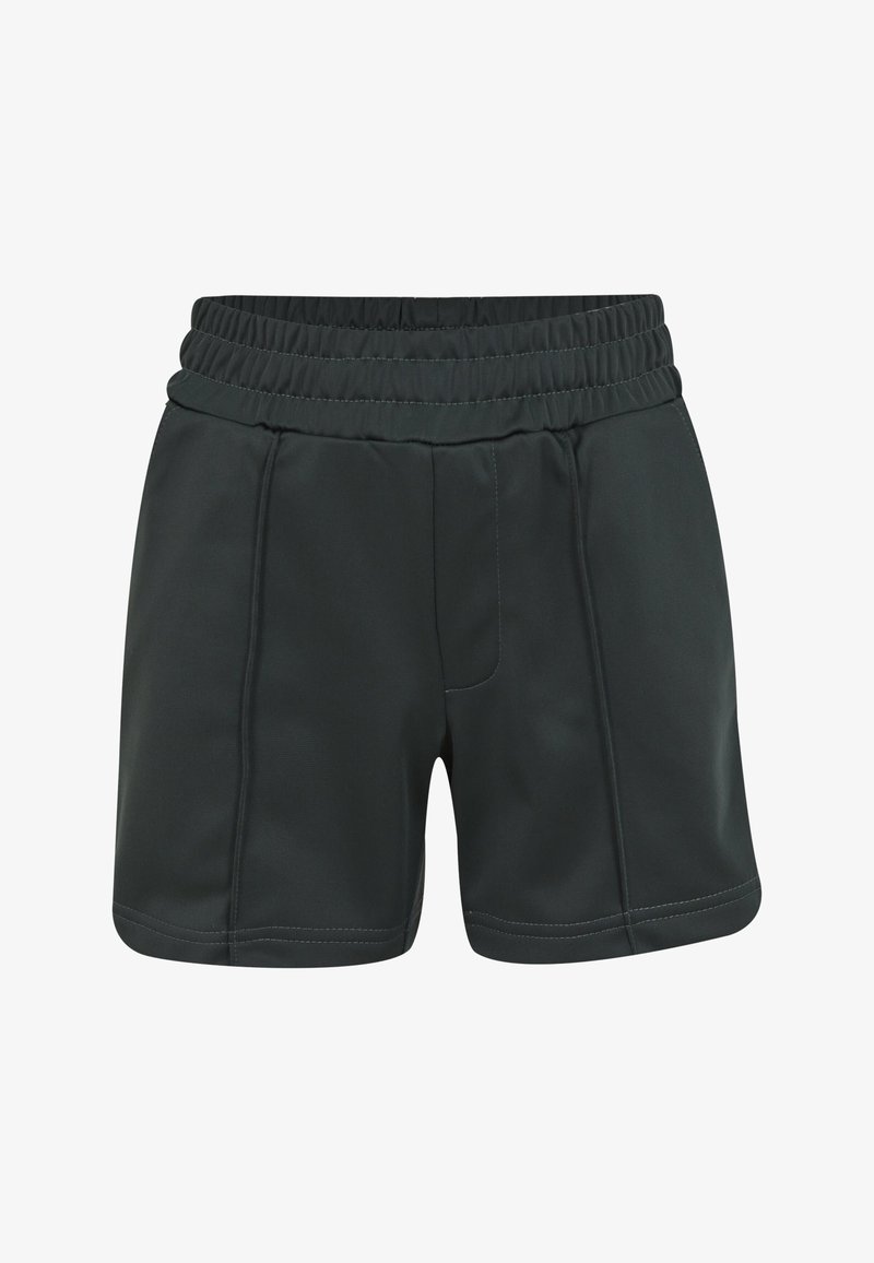 Shorts de sport vert foncé avec une taille élastique, une texture lisse et des coutures sur les côtés.