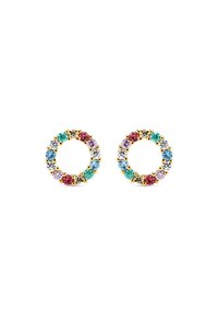 Goldene Creolenohrringe, die mit bunten Edelsteinen in Pink, Blau, Grün und klarem Rahmen verziert sind, die in einem kreisförmigen Muster angeordnet sind.