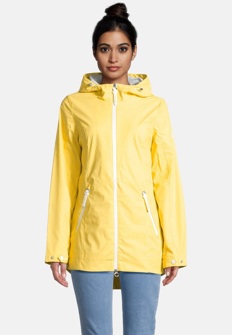 Yellow waterproof jacket with a hood, full front zip, two zippered pockets, and silver hardware. Smooth, lightweight texture.