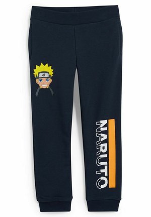 Dunkelblaue Jogginghose mit dem Gesicht der Anime-Figur Naruto auf dem linken Oberschenkel und dem Schriftzug "NARUTO" mit orangenem Streifen am rechten Bein.