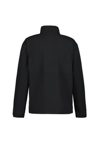 Black jacket with a high collar, long sleeves, and a smooth texture. Back features a seam across the upper section for added design detail.