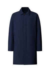 Marineblauwe mannen trenchcoat met één knoop, kraag, lange mouwen, zijzakken en verborgen sluiting aan de voorkant.