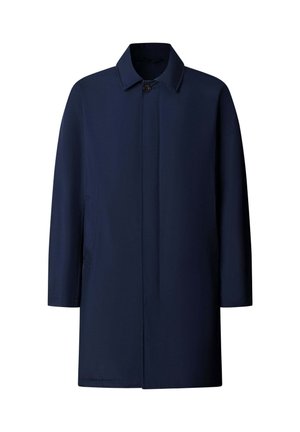 Marineblaue Herren-Trenchcoat mit einem Knopf, Kragen, langen Ärmeln, Seitentaschen und verdecktem Frontverschluss.