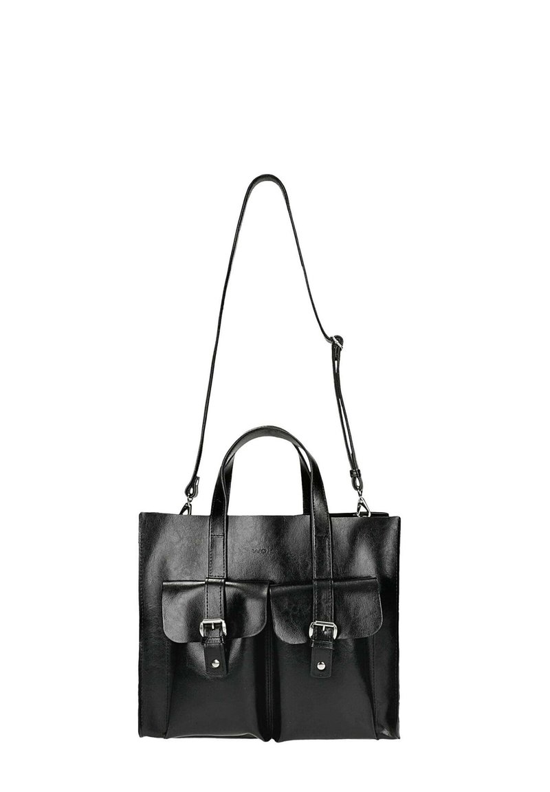 Borsa tote in pelle nera con due tasche frontali, tracolla regolabile e doppi manici superiori. Presenta una superficie liscia e hardware in argento.