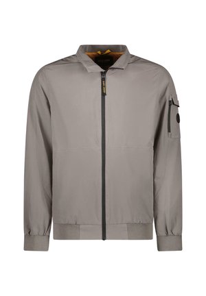 Lichtgrijze bomberjack van gladde stof, met een ritssluiting aan de voorkant, een opstaande kraag en een ritssluiting op de mouwzak. Voorzien van geribbelde manchetten en zoom.