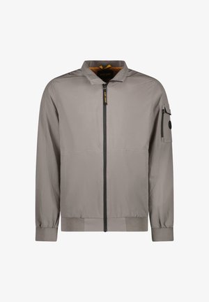 Lichtgrijze bomberjack van gladde stof, met een ritssluiting aan de voorkant, een opstaande kraag en een ritssluiting op de mouwzak. Voorzien van geribbelde manchetten en zoom.