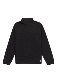Black fleece jacket with a high collar, long sleeves, and a smooth texture. Features contrasting black panel on the back and side.