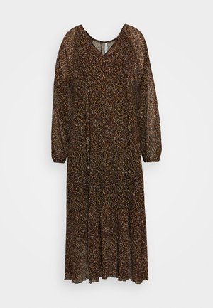 Duga, lepršava smeđa haljina s cvjetnim uzorkom, v-izrezom i dugim raširenim rukavima. Izrađena od lagane, prozirne tkanine s višeslojnim rubom.