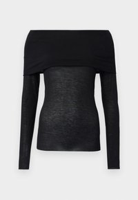 Zwarte langlopende top met een off-the-shoulder ontwerp, voorzien van een lichte, iets doorschijnende textuur en een aansluitende silhoutte.