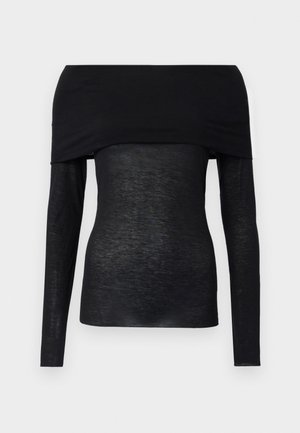 Svart langermet topp med avtagbar skulderdesign, med en lett, litt gjennomsiktig tekstur og en tettsittende silhuett.