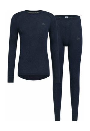 Marineblaues Thermo-Langarmshirt und passende lange Thermo-Hose mit rundem Ausschnitt und enganliegenden Bündchen.