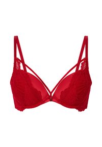Rode kant bh met transparante delen, voorzien van delicate bloempatronen, een strik accent in het midden en verstelbare satijnen bandjes in een kruiselingse ontwerp.