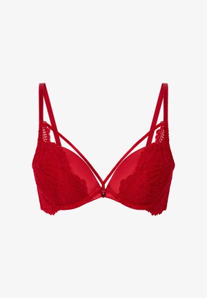 Red lace bra with sheer sections, featuring delicate floral patterns, a center bow accent, and adjustable satin straps in a crisscross design.