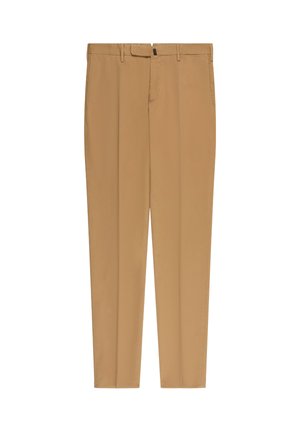 Herren-Slim-Fit-Hose in Beige mit Gürtelschlaufen, vorderem Reißverschluss und Bügelfalte in der Mitte jedes Beins, auf weißem Hintergrund dargestellt.
