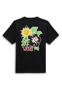 Camiseta negra con un diseño colorido de un sol, una flor de hibisco y hojas, con el logo de "VANS" en rojo en la parte inferior.