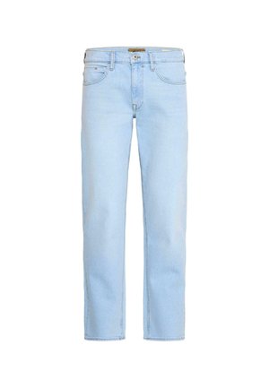 Hellblaue Jeans aus Denim mit geradem Bein, Fünf-Taschen-Design, Gürtelschlaufen und vorderer Knopfverschluss. Glatte Textur und klassischer Stil.