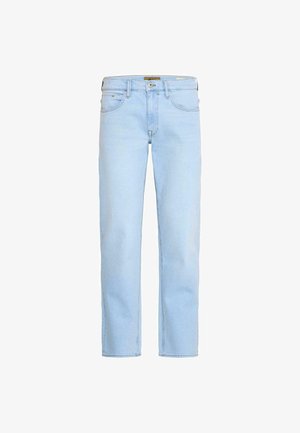 Lichtblauwe denim jeans met rechte pijp, vijfzakkenontwerp, riemlussen en een sluiting met knopen aan de voorkant. Soepele textuur en klassieke stijl.