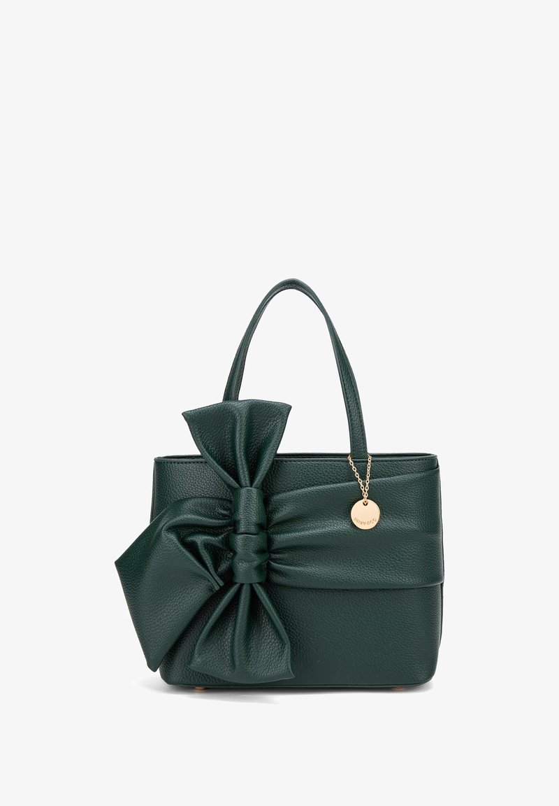 Sac en cuir vert foncé avec un grand nœud en accent, surface texturée, anses courtes et un petit détail en charme doré.