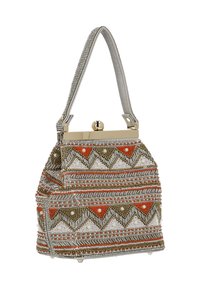Gyöngyös kézitáska ezüstkapoccsal, többszínű geometriai mintákkal narancssárga, fehér és barna színekben. Texturált, strukturált formájú.