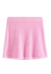 Roze, pluizige mini-rok met een zachte textuur en een uitlopende vorm, uitgevoerd in een effen kleur zonder patronen of accenten.