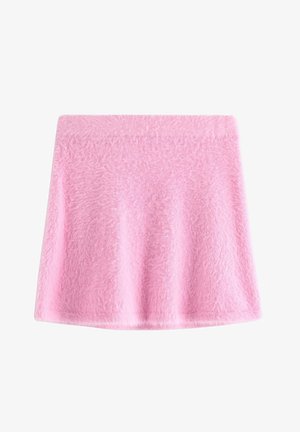 Vaaleanpunainen pörröinen minihame, jossa on pehmeä rakenne ja levenevä muoto, ja joka on yksivärinen ilman kuvioita tai korostuksia.