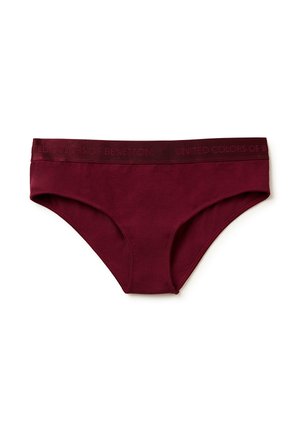 Bordeaux damesondergoed met een gladde textuur en een brede tailleband waarop de merknaam "United Colors of Benetton" in reliëf is gedrukt.