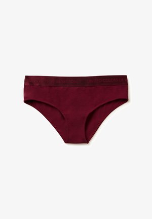 Burgundy women's briefs with a smooth texture and a wide waistband featuring the brand name "United Colors of Benetton" in embossed lettering.