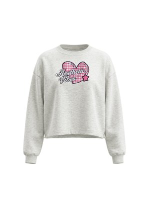 Lysegrå cropped sweatshirt med lange ærmer, ribkanter og pinkternet hjertegrafik med teksten "Aesthetic Vibes" med en lille stjerne.