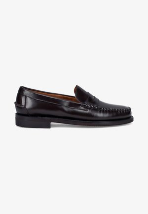 Mocassini in pelle nera con punta a mocassino e cuciture decorative; tacco basso, piatto e finitura liscia. Design classico con stile slip-on.