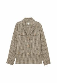 Veste beige à motifs avec un col à revers, deux poches avant et des boutons en bois, présentant un design de tissu texturé.