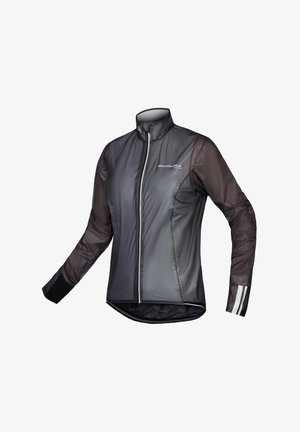 Giacca da ciclismo leggera nera e grigia con collo alto, maniche lunghe trasparenti, dettagli riflettenti e zip frontale.