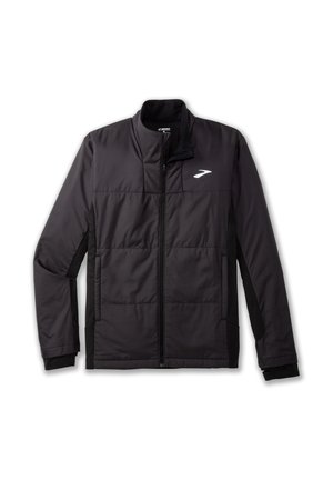 Black insulated jacket with a stand-up collar, zip closure, and contrasting side panels. Features a subtle logo on the upper left chest.