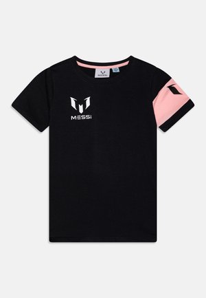 Black cotton t-shirt featuring a round neck, short pink sleeves, and a white "MESSi" logo at the chest, with a geometric accent on the sleeves.