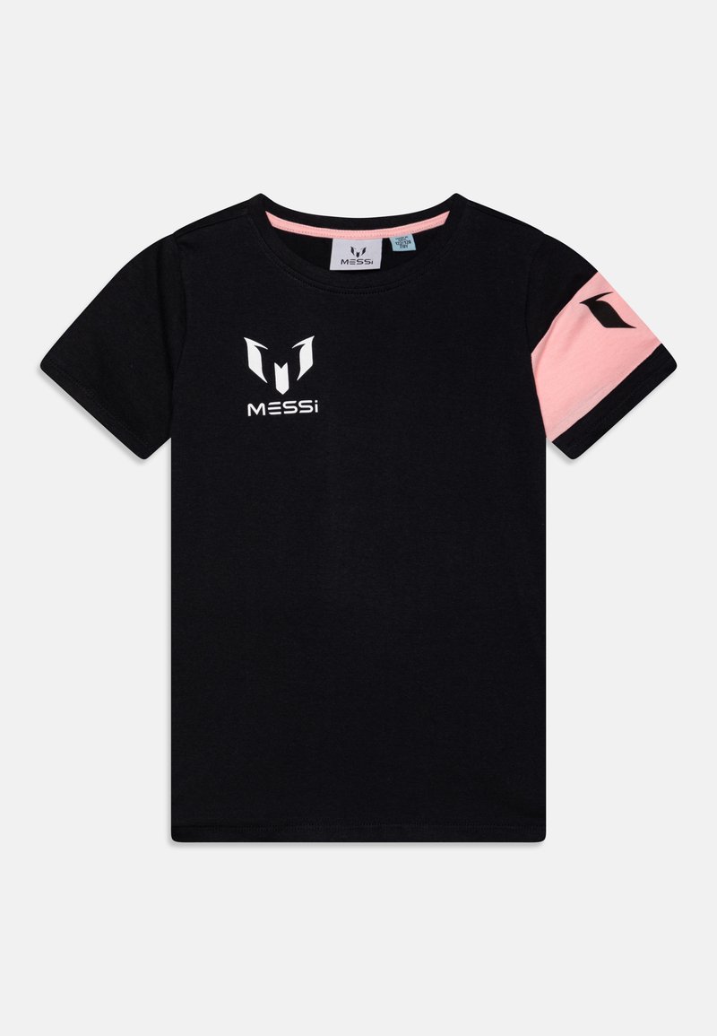 Sort bomulds T-shirt med rund hals, korte pink ærmer og et hvidt "MESSi" logo på brystet, med et geometrisk accent på ærmerne.