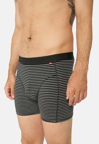 Boxer shorts a righe in nero e grigio, realizzati in un tessuto morbido, dotati di un ampio elastico nero con la scritta "ENDURANCE".