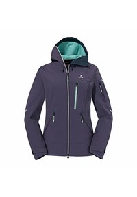 Chaqueta de softshell morada con interior en color teal, cuello alto, múltiples bolsillos con cremallera y puños ajustables. Presenta un logotipo en el pecho.