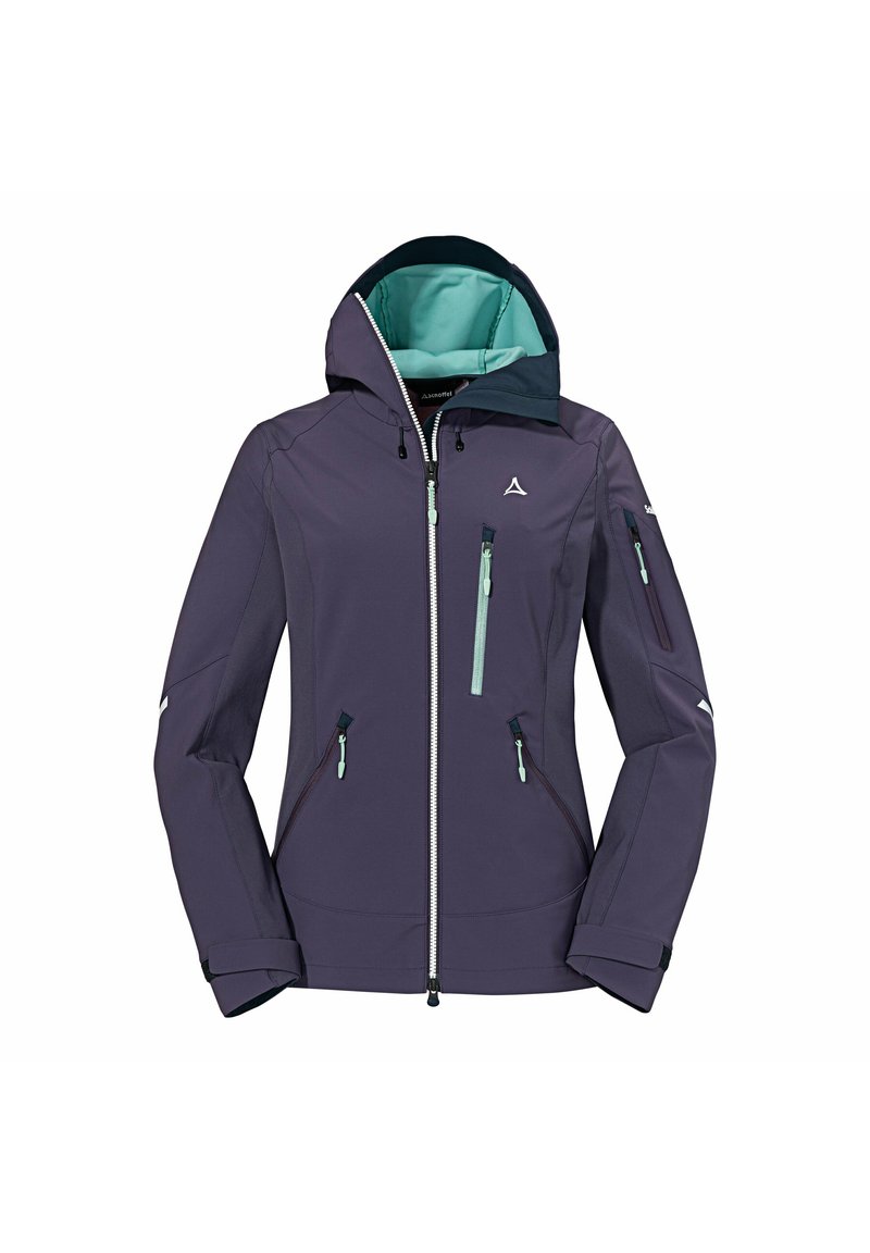 Chaqueta de softshell morada con interior en color teal, cuello alto, múltiples bolsillos con cremallera y puños ajustables. Presenta un logotipo en el pecho.