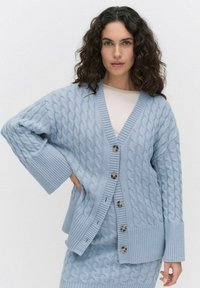 Ljusblå kabelstickad cardigan med överdimensionerade ärmar, prydd med stora knappar och ribbad nederkant, tillverkad av ett mjukt texturerat garn.