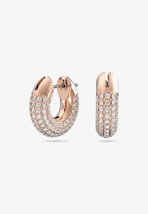 Rose gold hoop earrings featuring a rounded shape, covered in sparkling clear crystals, with a hinged closure for easy wear.