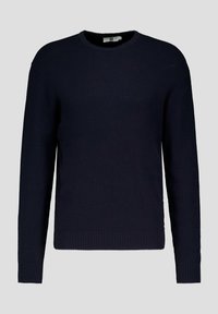 Marineblauwe gebreide trui met een ronde halslijn, geribbelde manchetten en onderkant, met een gestructureerde stof voor extra detail.