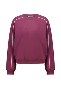 Marjapuuronpunainen collegepaita, joka on valmistettu puuvillasekoitteesta. Paidassa on valkoiset reunukset olkapäillä sekä teksturoitu somiste helmassa ja hihansuuissa.